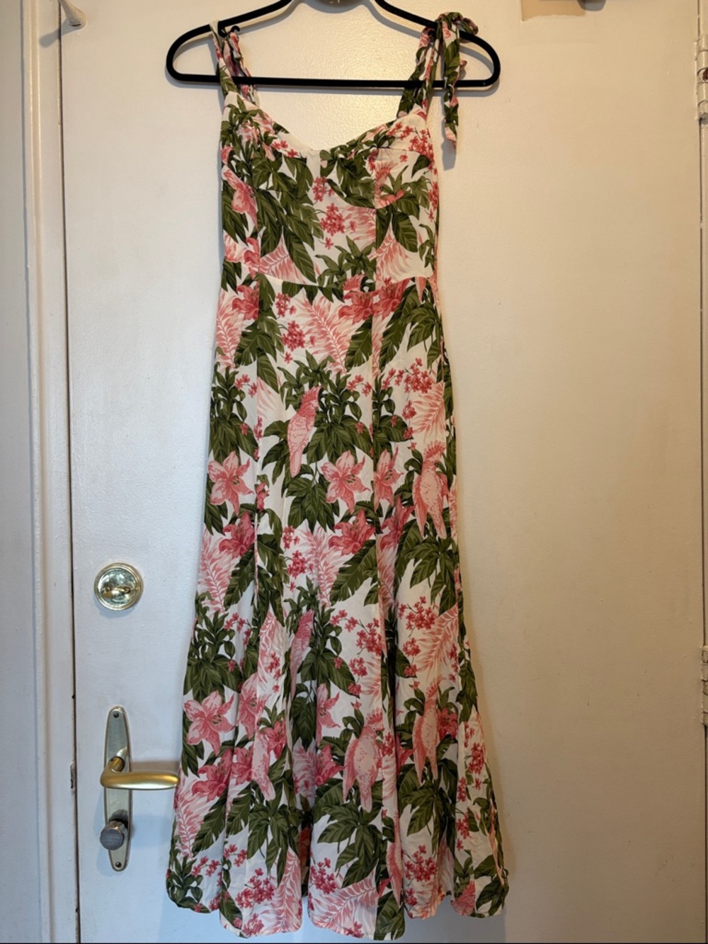 Reformation Cream Dress with Pink Floral & Green Leaf Print